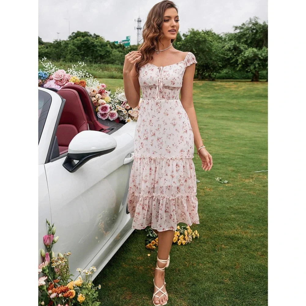 Cottagecore Floral Print Shirred Waist Knot Front Ruffle Hem Dress pink - Picture 4 of 5